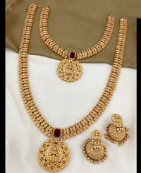 Traditional Gold Plated Bindi Style Square Shape Ruby Studded Kundan Laxami Temple Choker And Long Necklace With Jhumkhi Matching Earring Jewellery Set For Women And Girls