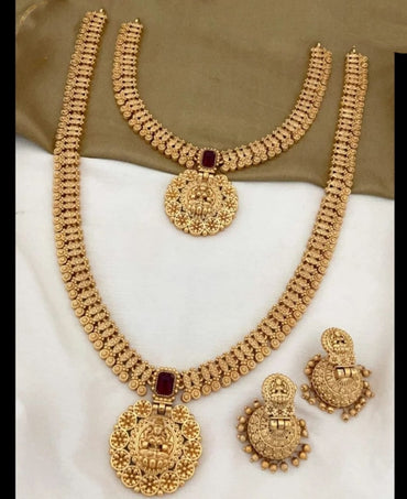 Traditional Gold Plated Bindi Style Square Shape Ruby Studded Kundan Laxami Temple Choker And Long Necklace With Jhumkhi Matching Earring Jewellery Set For Women And Girls