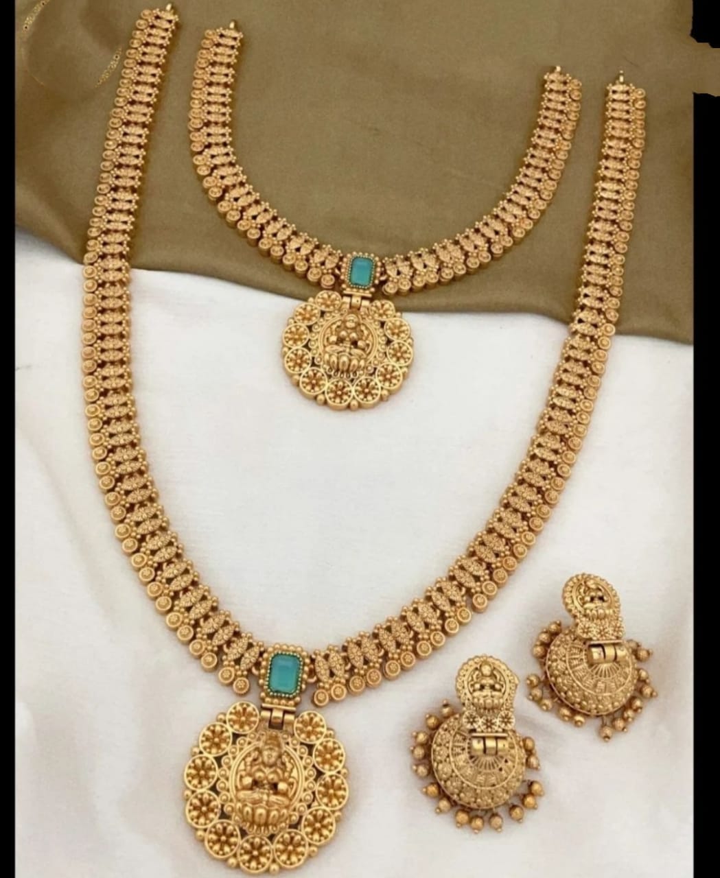 Traditional Gold Plated Bindi Style Square Shape Seagreen Studded Kundan Laxami Temple Choker And Long Necklace With Jhumkhi Matching Earring Jewellery Set For Women And Girls