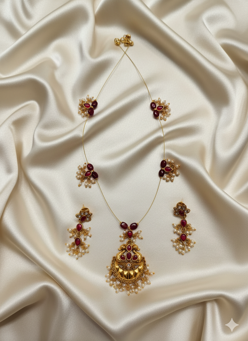 Traditional Matte Gold Plated Ruby and Pearl Necklace Set Peacock Pendant For Woman