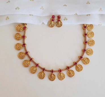 Traditional South Indian Style Gold Plated Oval Shape Laxami Temple Necklace With Earring Jewellery Set For Women And Girls