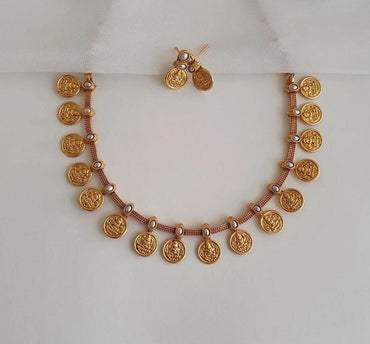 Traditional South Indian Style Gold Plated Oval Shape Laxami Temple Necklace With Earring Jewellery Set For Women And Girls