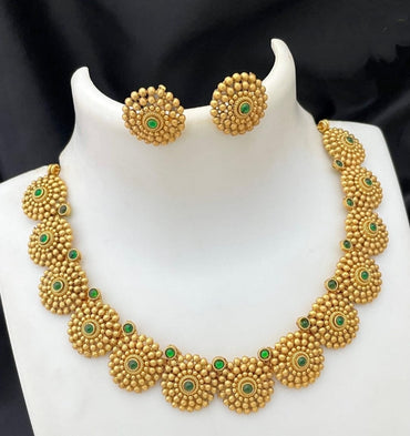 Beautiful Classic Gold Plated Flower Design Circle Shape Temple Choker Necklace With Matching Earring Jewellery Set For Women And Girls