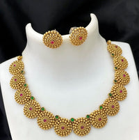 Beautiful Classic Gold Plated Flower Design Circle Shape Temple Choker Necklace With Matching Earring Jewellery Set For Women And Girls