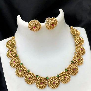 Beautiful Classic Gold Plated Flower Design Circle Shape Temple Choker Necklace With Matching Earring Jewellery Set For Women And Girls