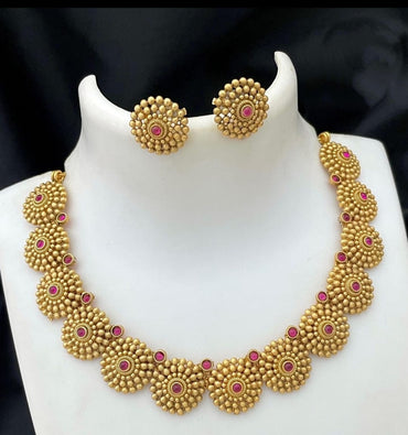 Beautiful Classic Gold Plated Flower Design Circle Shape Temple Choker Necklace With Matching Earring Jewellery Set For Women And Girls