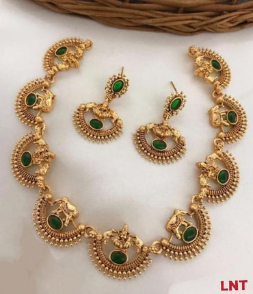 Ethnic Traditional Gold Plated Hathi And Laxami Design Choker Temple Necklace With Earring Jewellery Set For Women And Girls