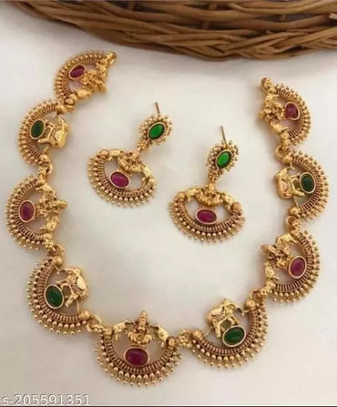 Ethnic Traditional Gold Plated Hathi And Laxami Design Choker Temple Necklace With Earring Jewellery Set For Women And Girls  