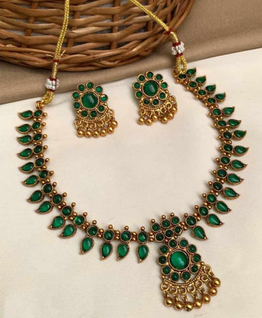 Temple Design Necklace and Earring Set with Traditional Stone Detailing