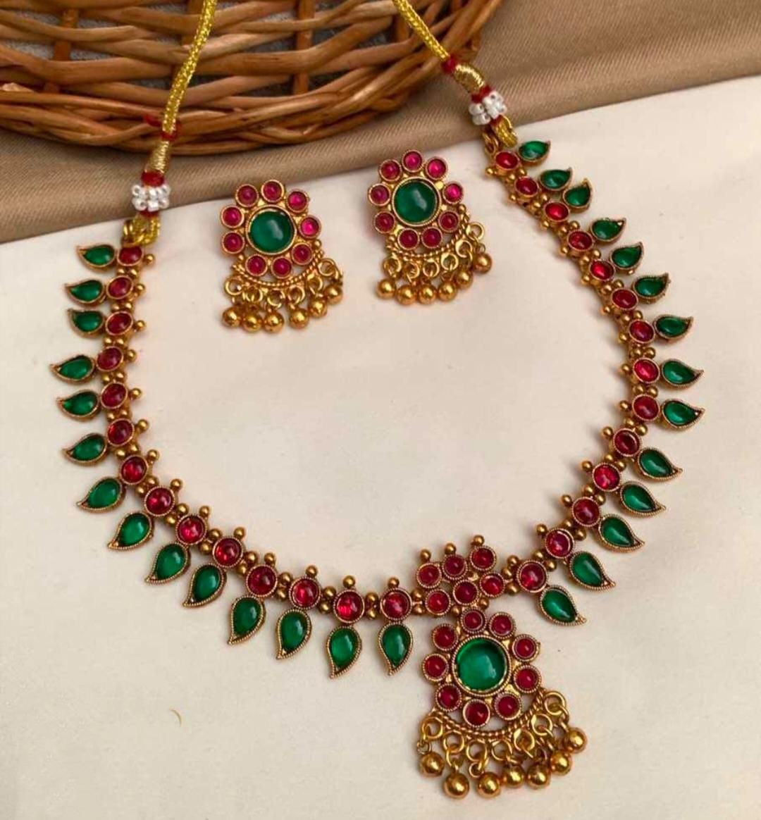 Temple Design Necklace and Earring Set with Traditional Stone Detailing