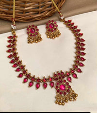 Temple Design Necklace and Earring Set with Traditional Stone Detailing