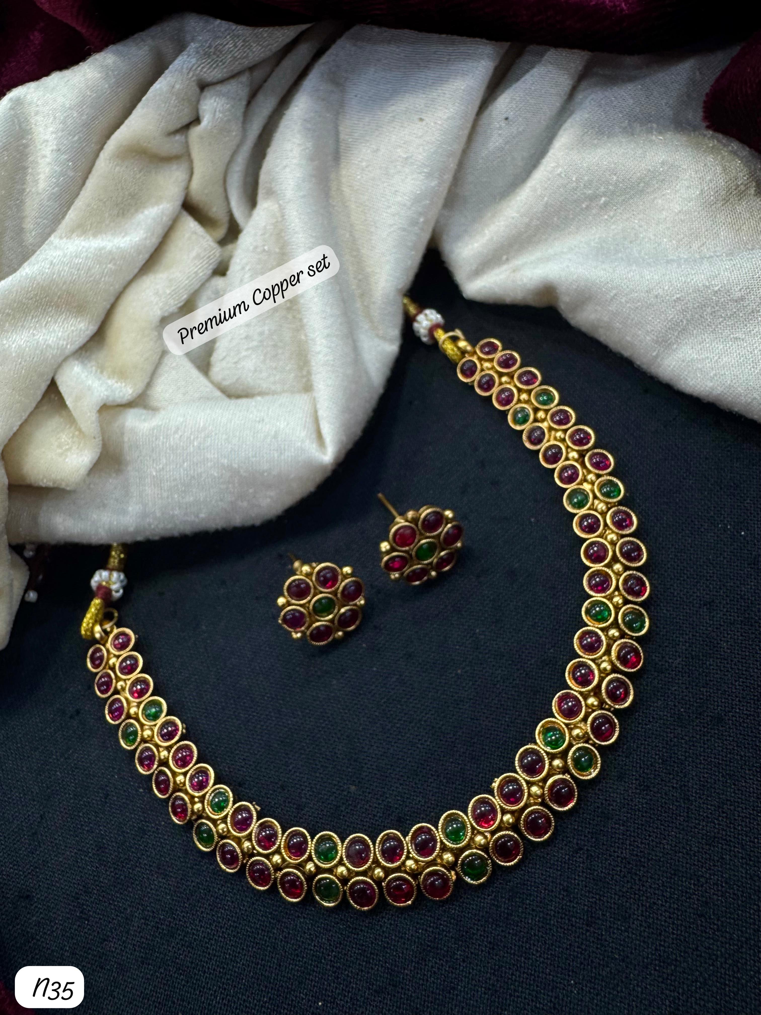 Elegant Traditional Copper Necklace Set with Red & Green Stones - Lucentemarket