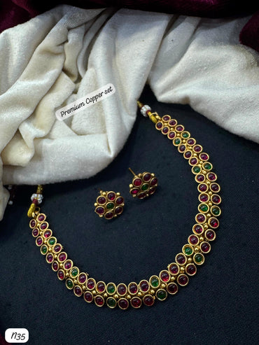 Elegant Traditional Copper Necklace Set with Red & Green Stones - Lucentemarket