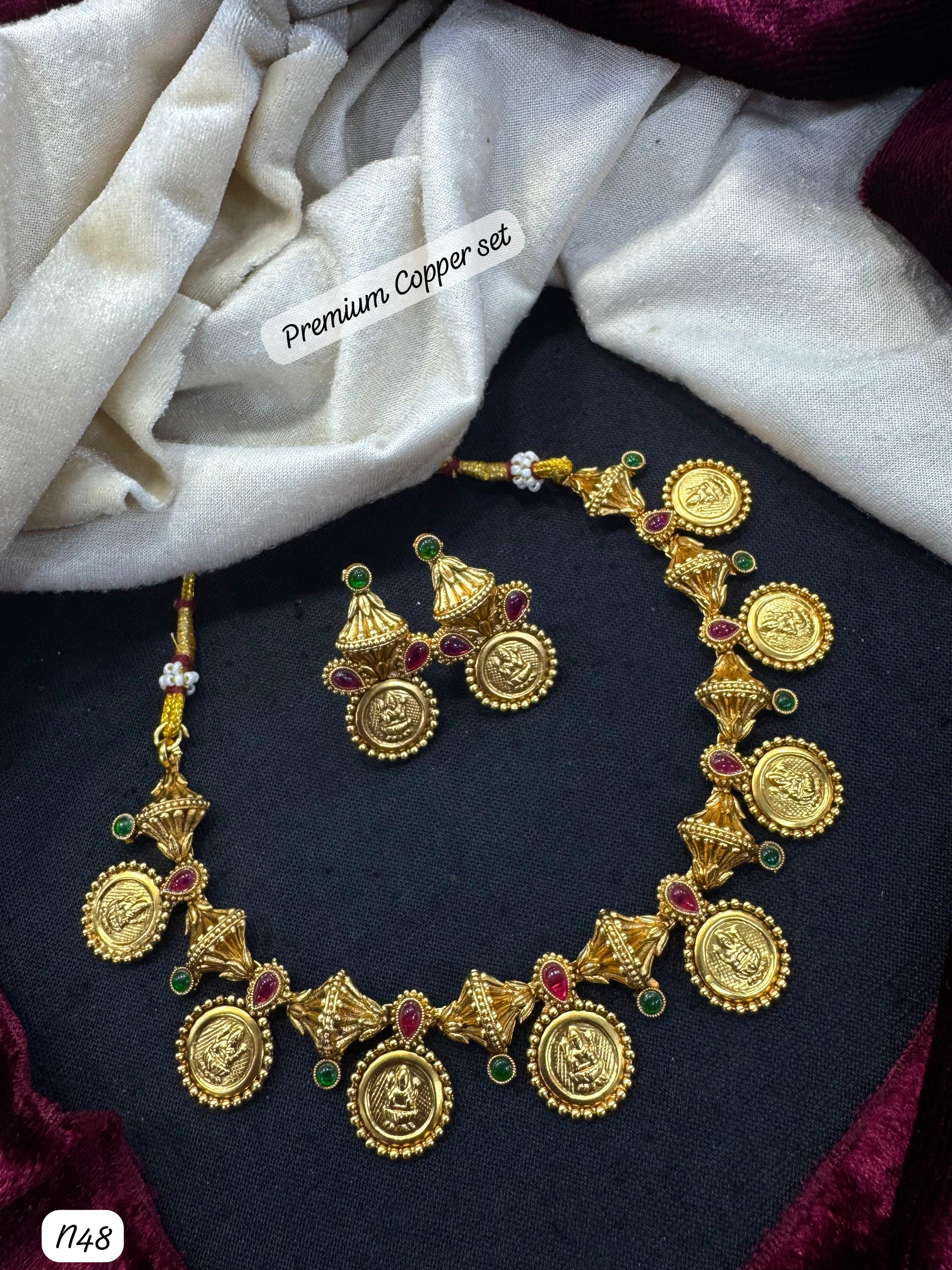 Traditional Premium Copper Coin Necklace Set with Earrings – Ethnic Temple Jewelry