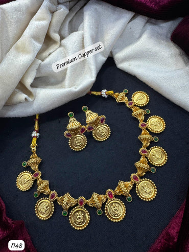 Traditional Premium Copper Coin Necklace Set with Earrings – Ethnic Temple Jewelry