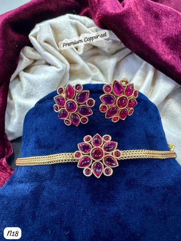 Elegant Ruby Red Premium Temple Necklace & Earrings Set