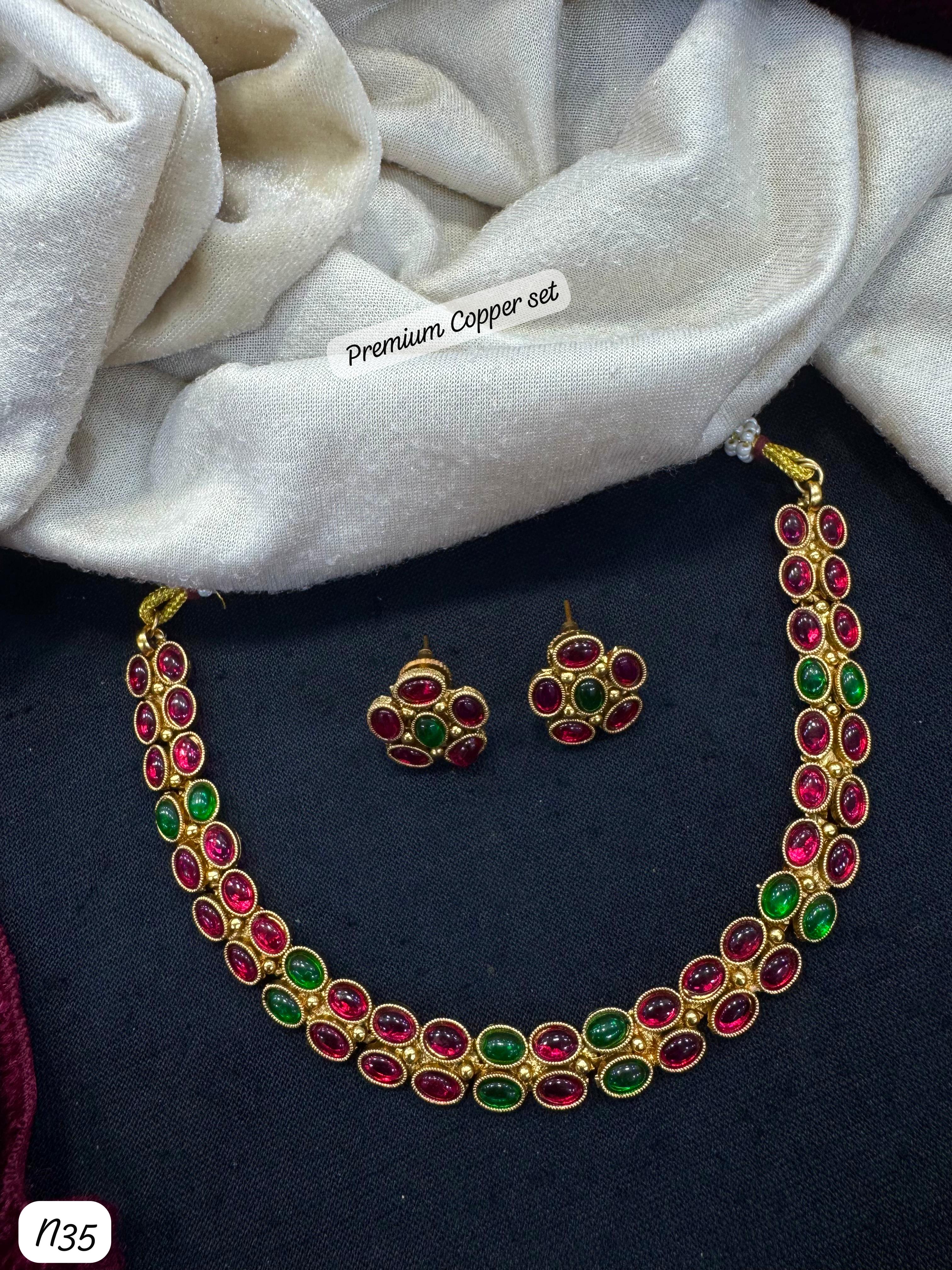 Traditional Ruby & Emerald Premium Copper Necklace with Matching Earrings Set