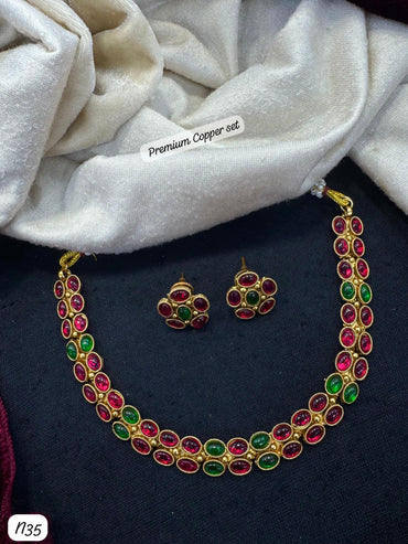 Traditional Ruby & Emerald Premium Copper Necklace with Matching Earrings Set