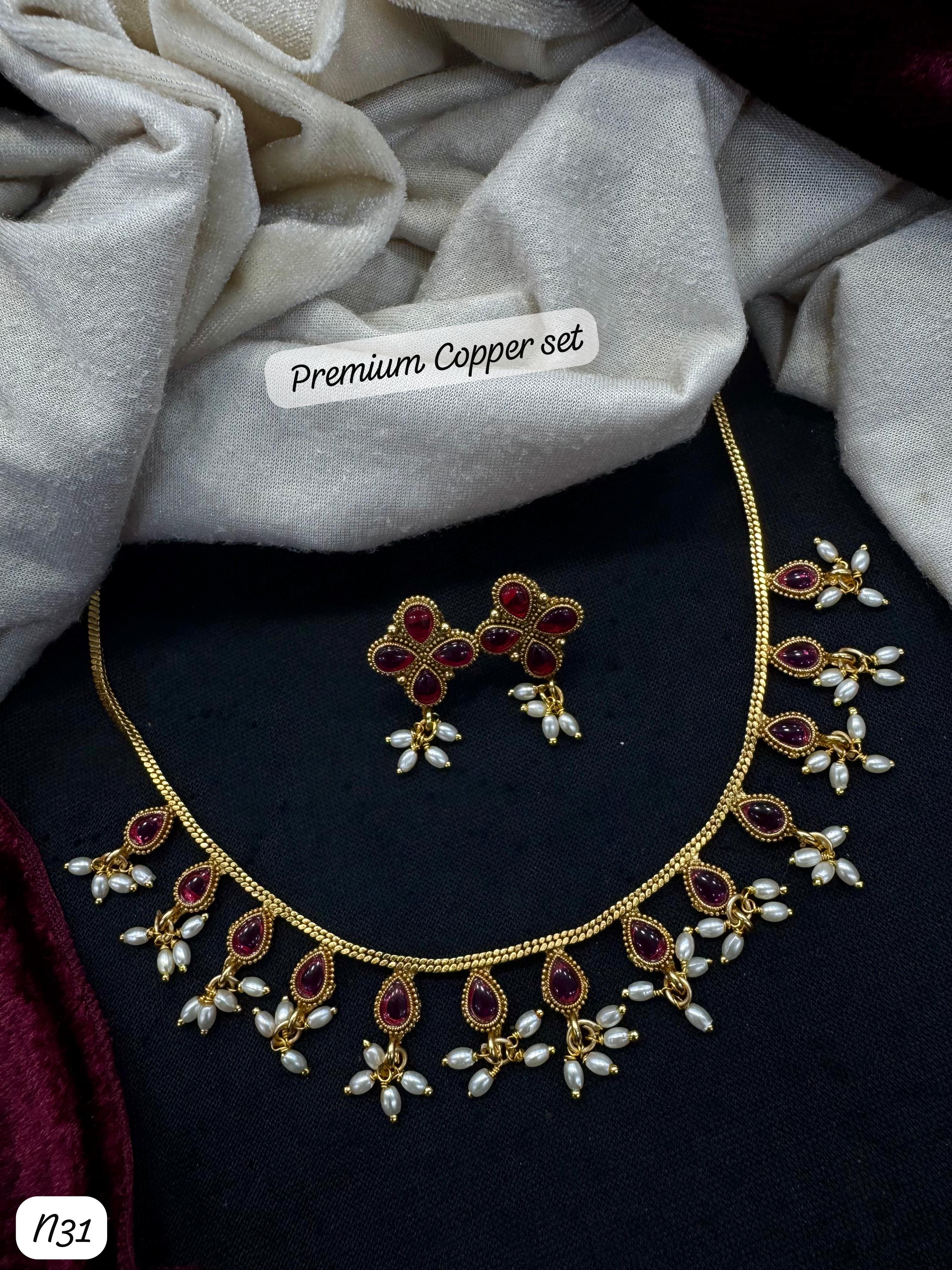 Elegant Ruby & Pearl Premium Temple Necklace and Earrings Set