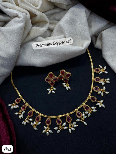 Elegant Ruby & Pearl Premium Temple Necklace and Earrings Set