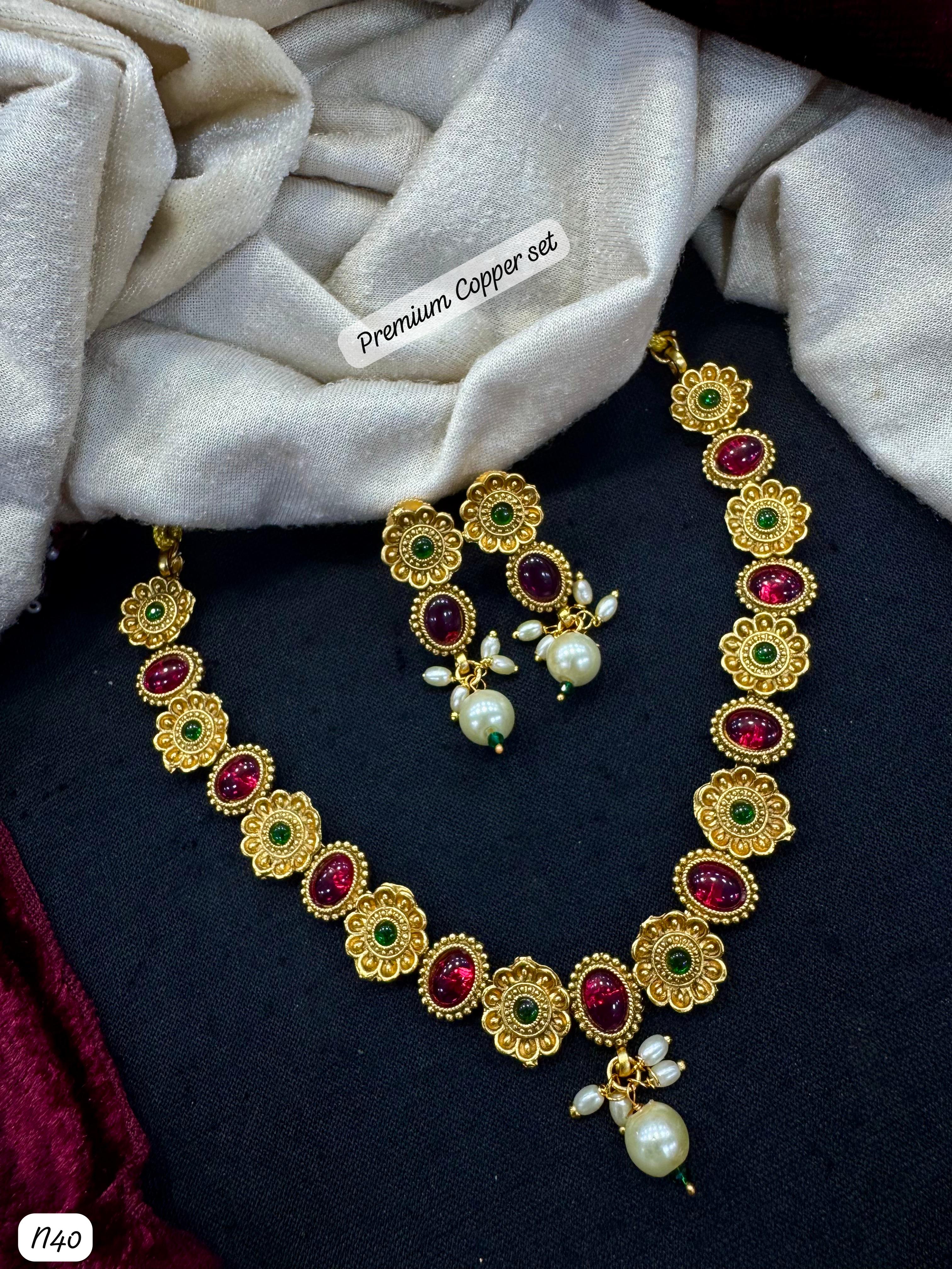 Premium Temple Necklace & Earring Set – Gold Finish with Red Stones & Pearl Drops