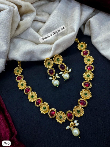 Premium Temple Necklace & Earring Set – Gold Finish with Red Stones & Pearl Drops