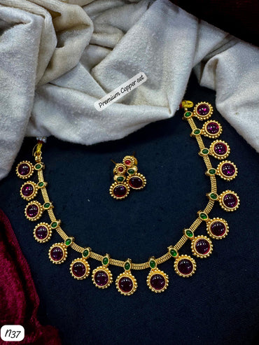 Premium Temple Necklace & Earring Set – Gold Finish with Purple and Green Stones