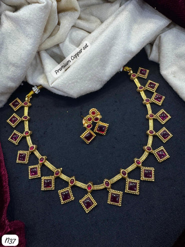 Premium Temple Necklace & Earring Set – Gold Finish with Ruby Square Stones