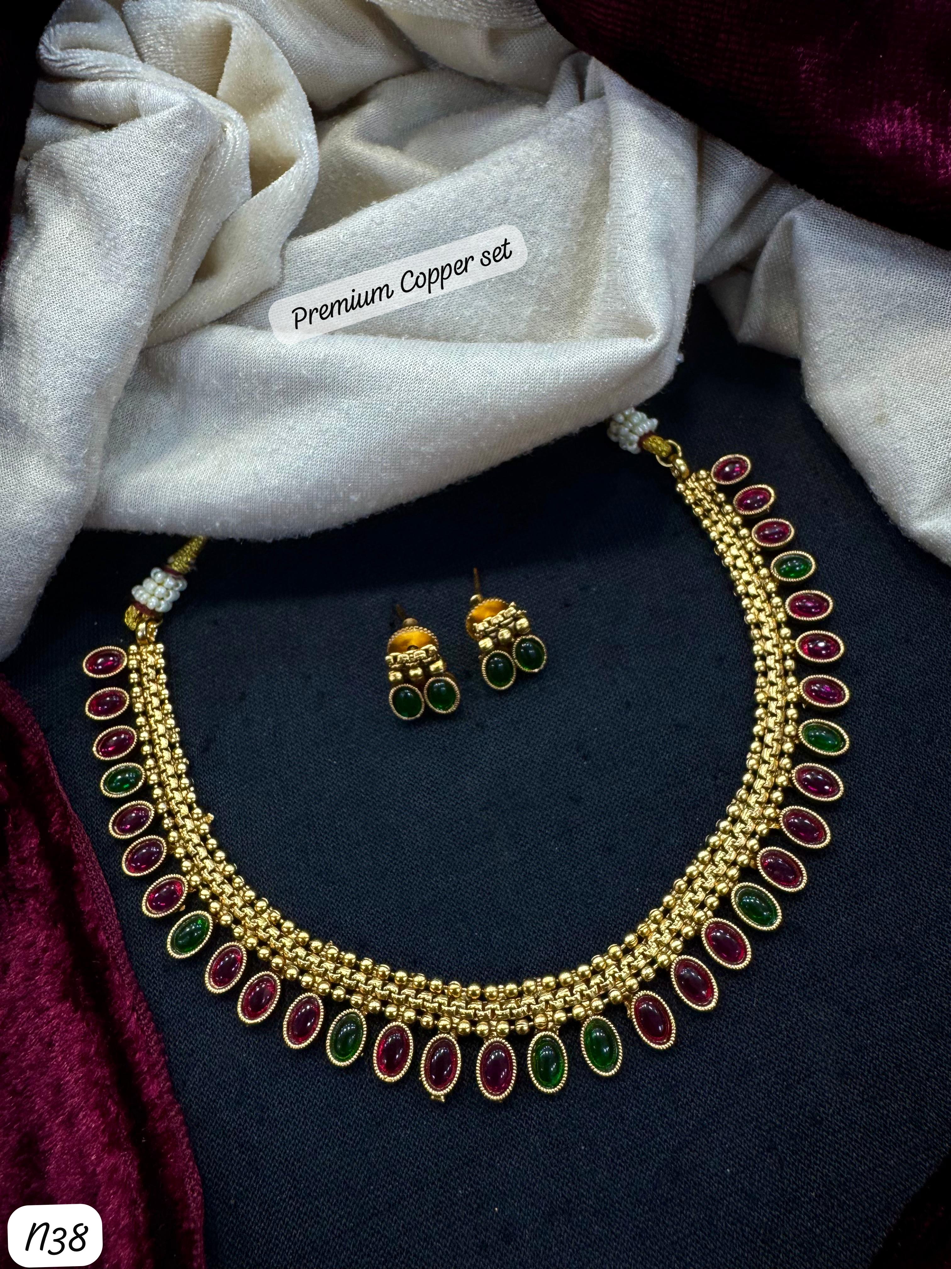 Premium Temple Necklace & Earring Set – Gold Finish with Red & Green Oval Stones