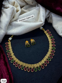Premium Temple Necklace & Earring Set – Gold Finish with Red & Green Oval Stones