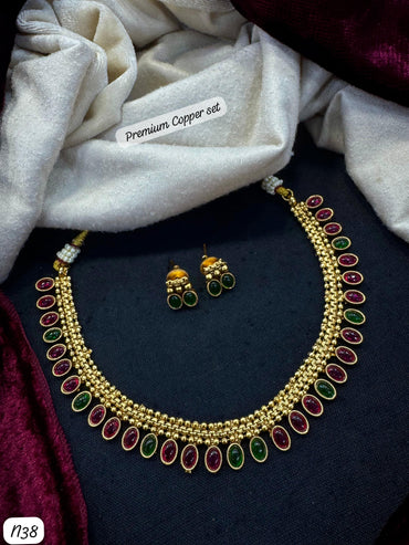 Premium Temple Necklace & Earring Set – Gold Finish with Red & Green Oval Stones
