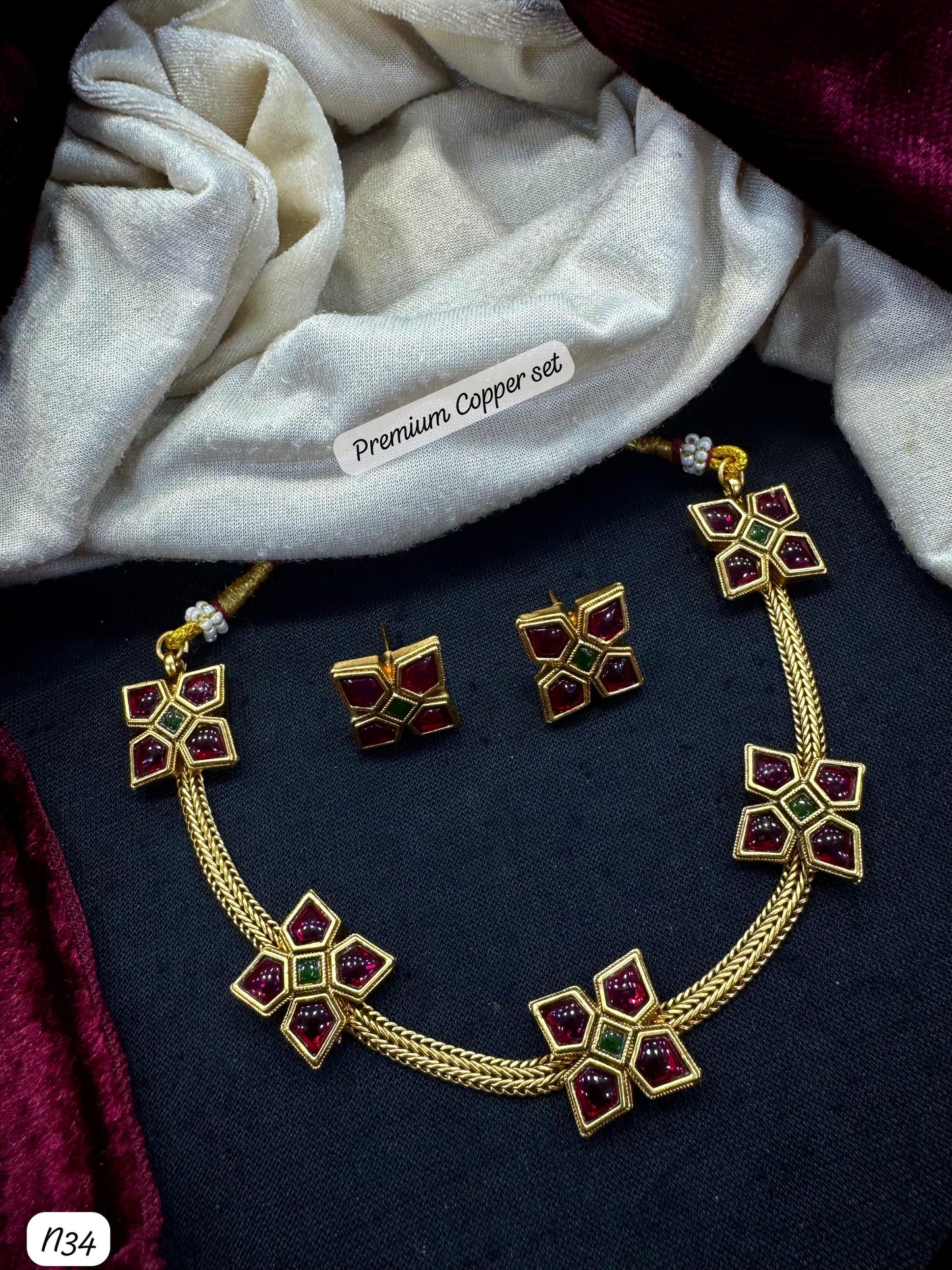 Temple Necklace & Earring Set – Gold Finish with Floral Ruby Motifs - Lucentemarket