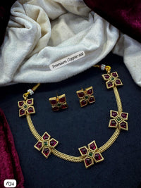 Temple Necklace & Earring Set – Gold Finish with Floral Ruby Motifs - Lucentemarket
