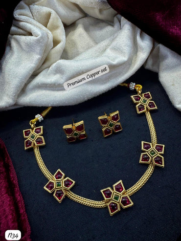 Temple Necklace & Earring Set – Gold Finish with Floral Ruby Motifs - Lucentemarket