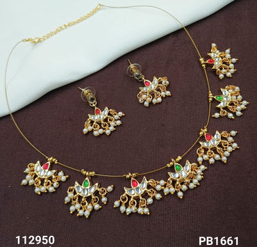 Delicate Pachi Kundan Necklace Set with Pearl Drops and Earrings