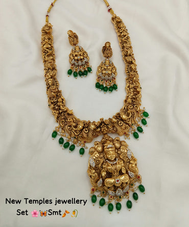 Traditional Temple Jewelry Set with Goddess Lakshmi Pendant and Matching Earrings