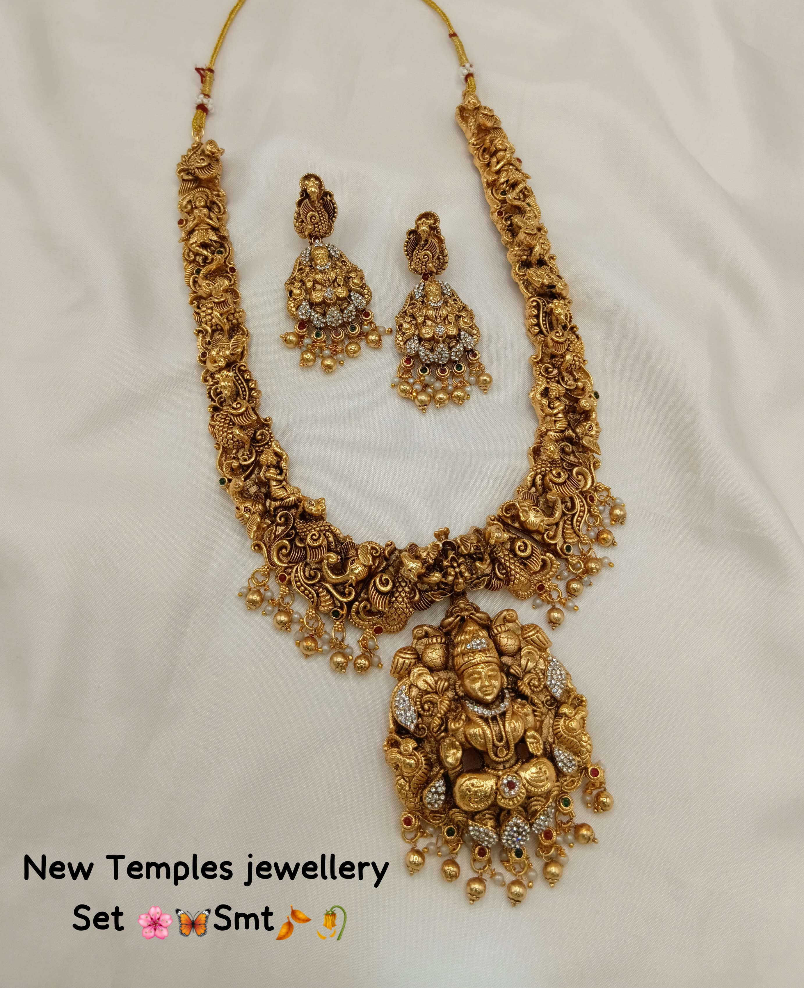 Traditional Temple Jewelry Set with Goddess Lakshmi Pendant and Matching Earrings