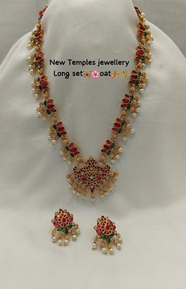 Elegant Temple Jewelry Long Necklace Set with Earrings – Pearl & Floral Design