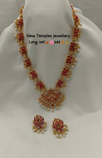 Elegant Temple Jewelry Long Necklace Set with Earrings – Pearl & Floral Design