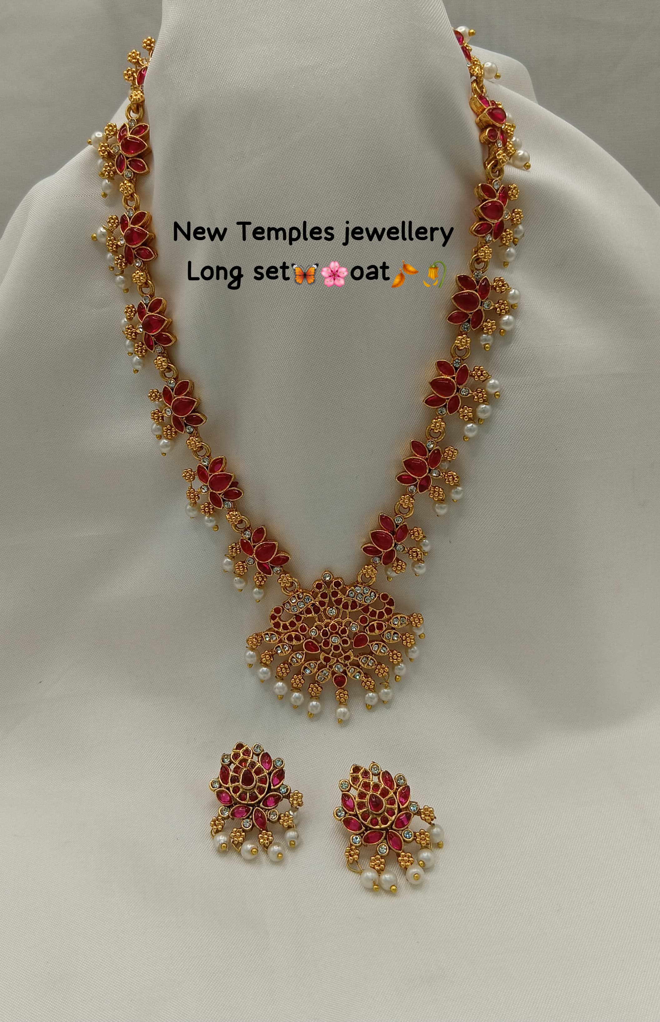 Elegant Temple Jewelry Long Necklace Set with Earrings – Pearl & Floral Design