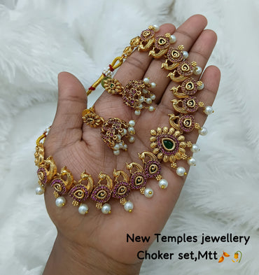 Peacock Design Temple Choker Set with Earrings – Traditional Handcrafted Jewelry