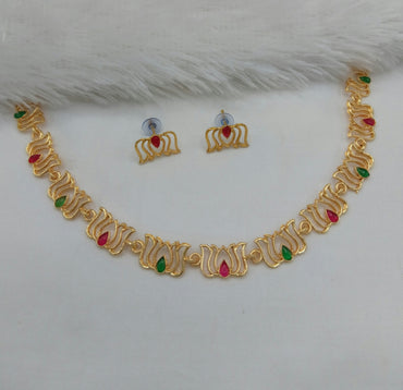 South Indian Kamal Motif Emerald Green Necklace Set