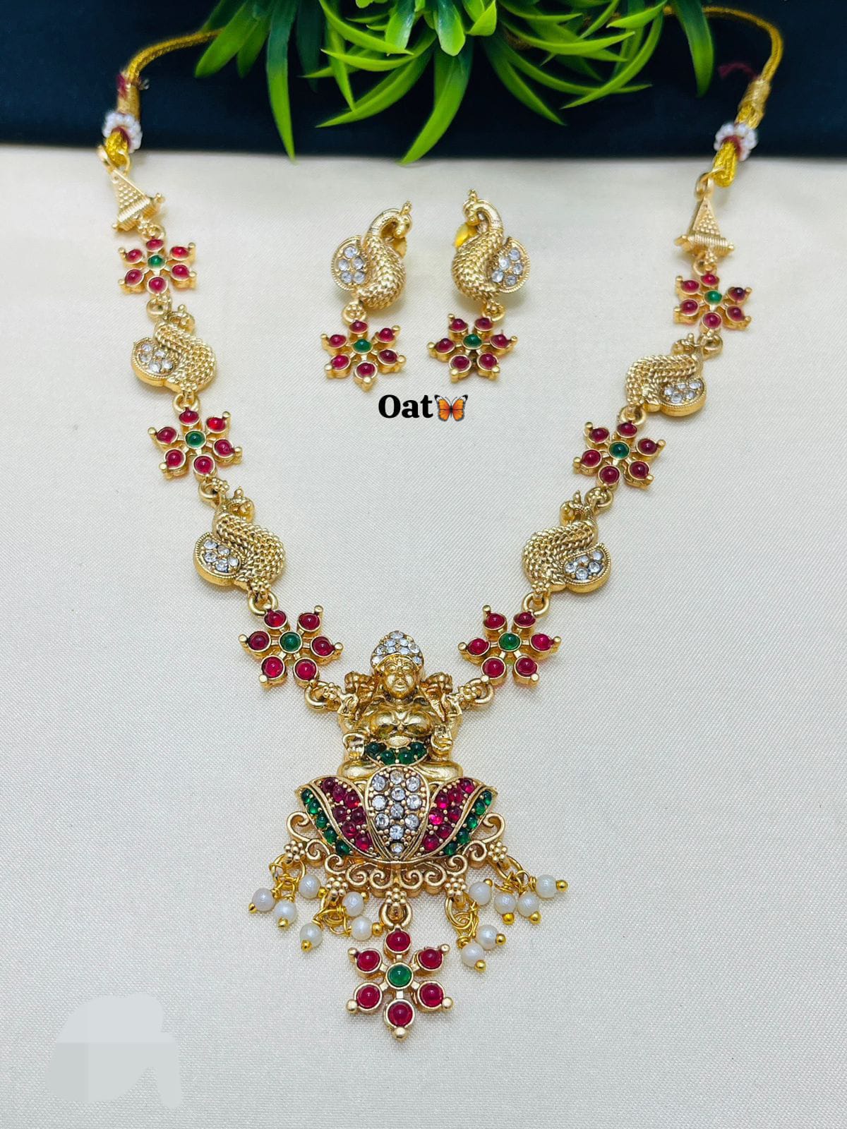 Traditional Gold-Plated Temple Jewelry Set with Red & Green Stones – Necklace & Earrings
