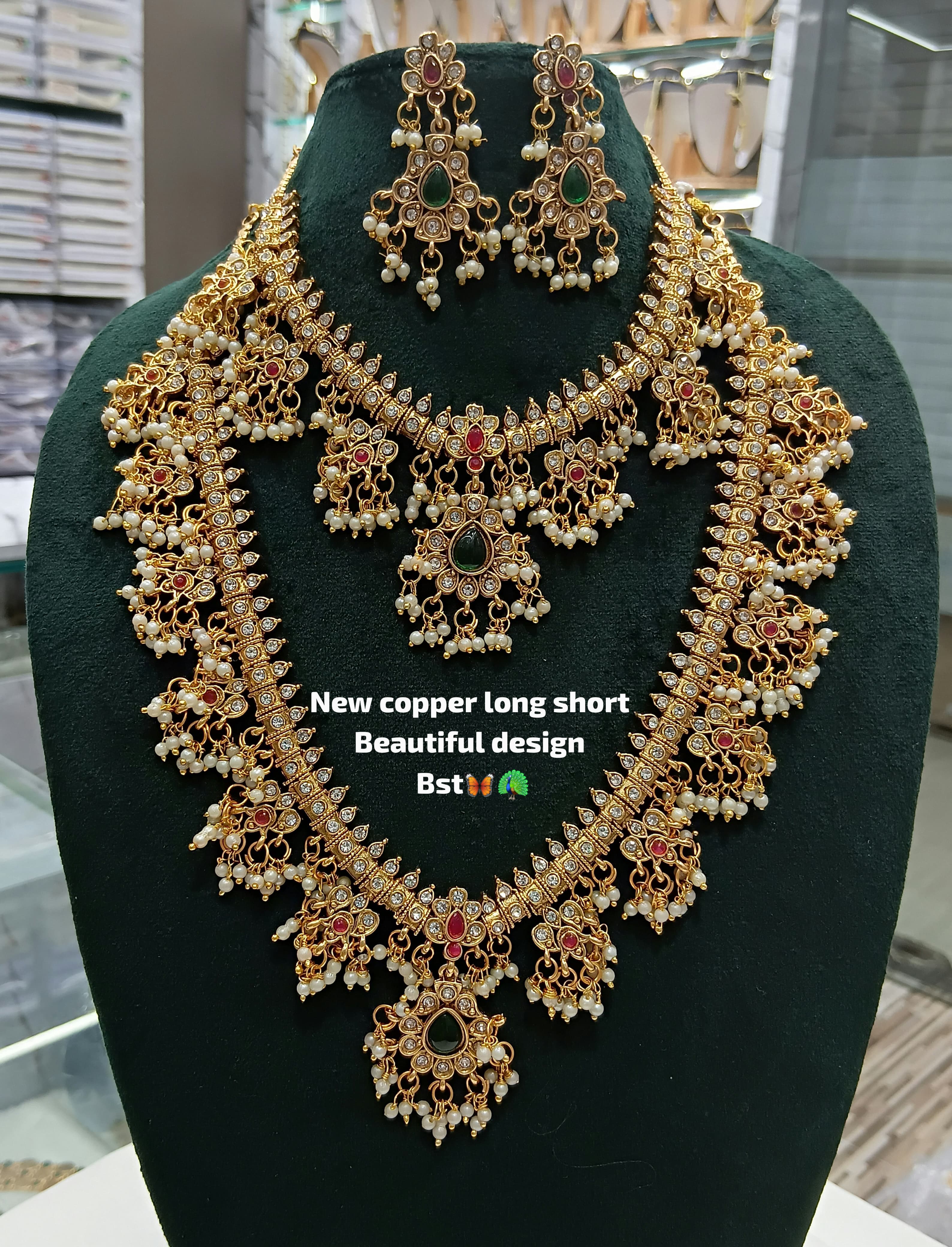 Traditional Temple Bridal Necklace Set with Earrings – CZ & Pearl Long Short Design