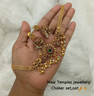 Temple Peacock Design Choker Set with Jhumkas – Antique Gold Finish