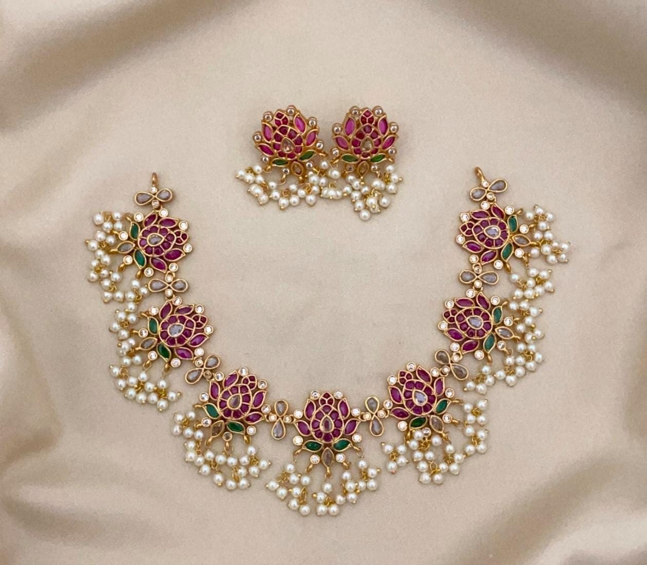 Gold Kamal Motif Pearl Drop Cluster Choker Set