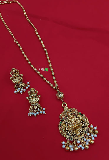 Temple Jewelry Set with Goddess Lakshmi Pendant & Earrings – Gold-Plated with Pearl Drops