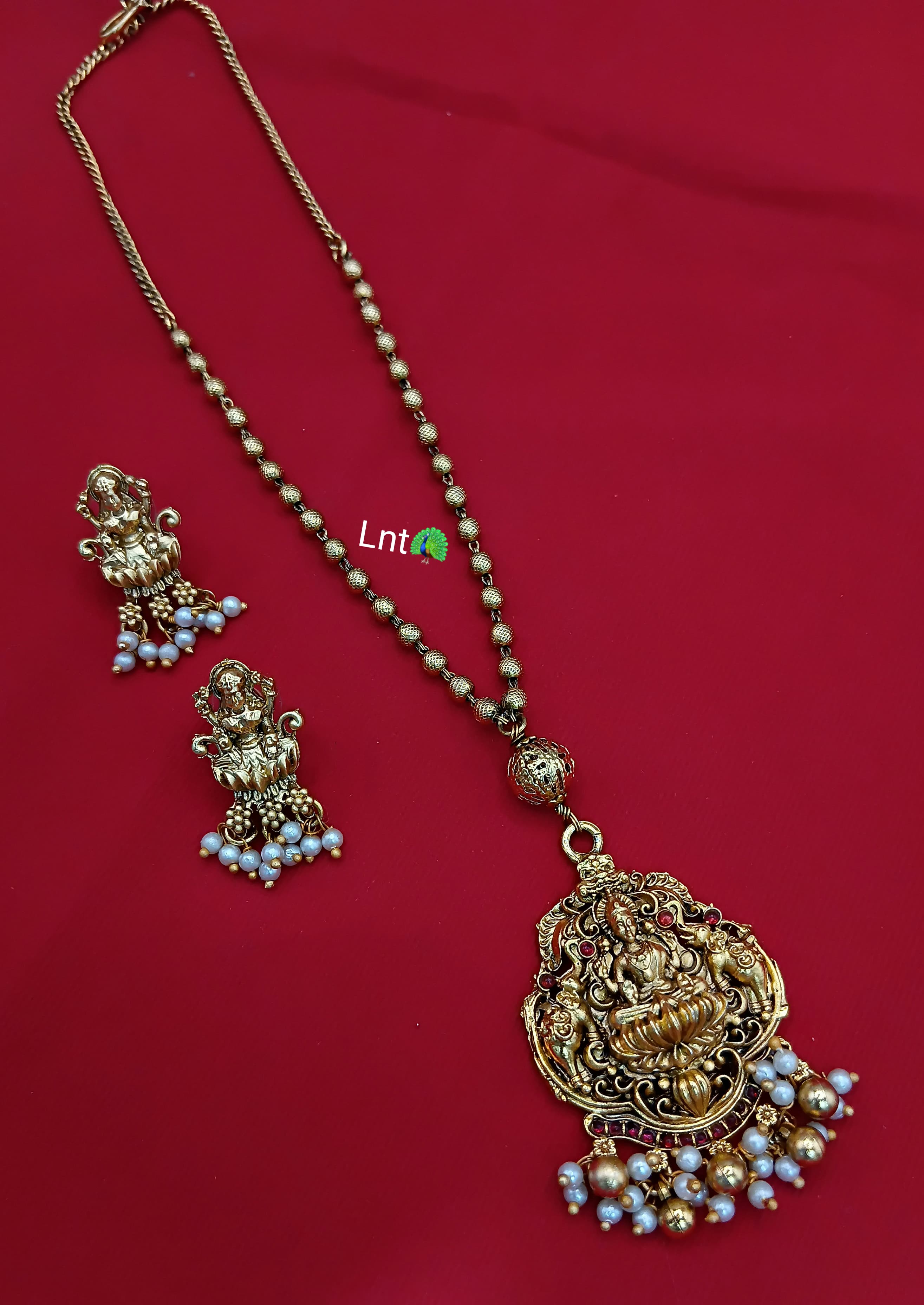 Temple Jewelry Set with Goddess Lakshmi Pendant & Earrings – Gold-Plated with Pearl Drops
