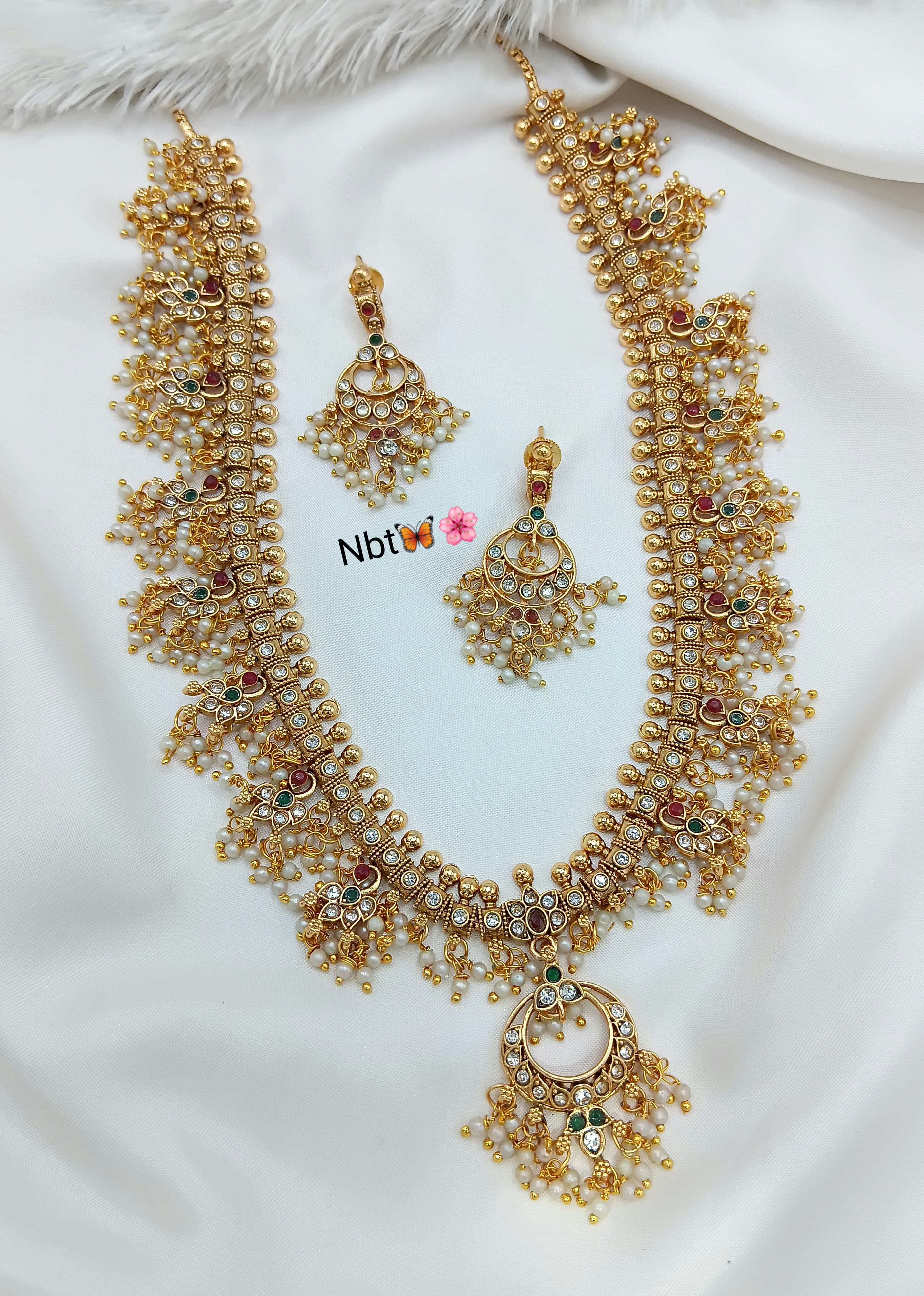 Traditional CZ Stone Gold Plated Bridal Necklace Set with Earrings – Temple Style Jewelry