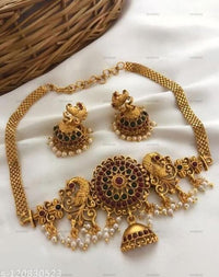 Beautiful South Indian Gold Plated Peacock Necklace Pearl Dropped Temple Jewellery Set With Jhumki Earrings For Women And Girls